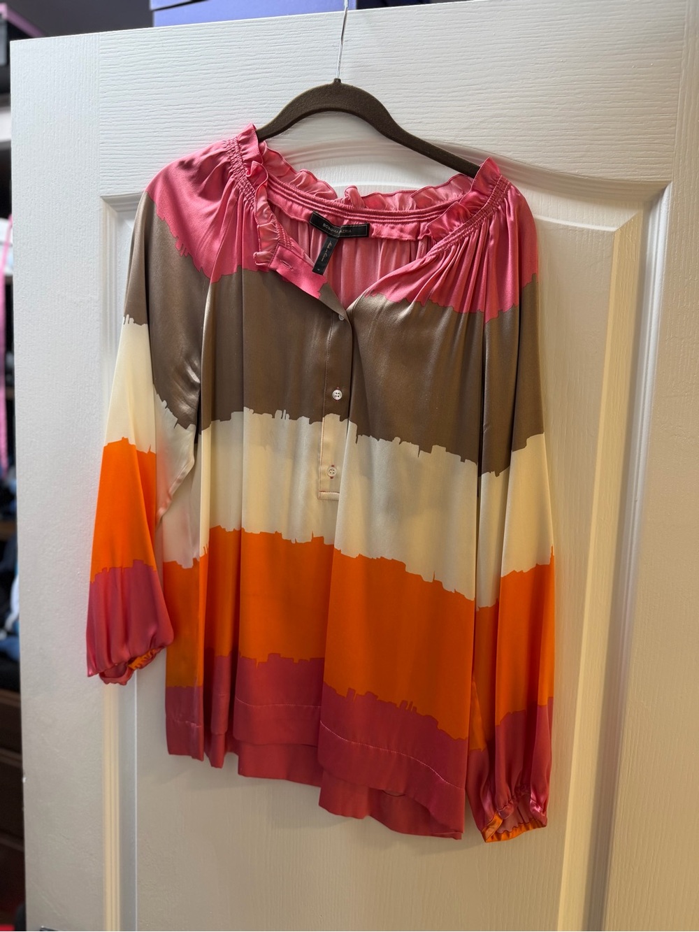 BCBGMaxAzria Multicolor Striped Peasant Blouse - Pink, Orange, Cream, Brown